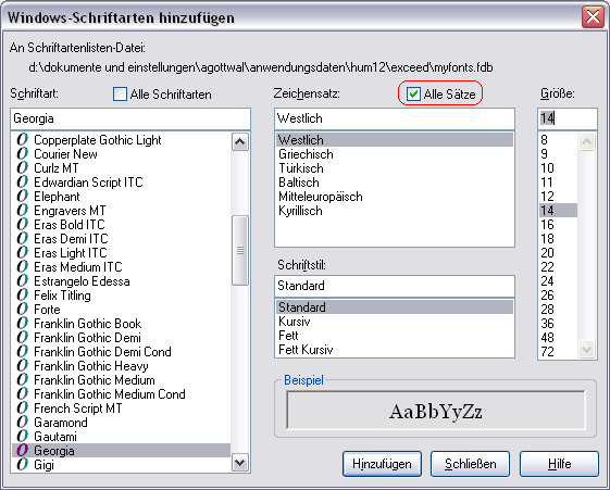 Xconfig - Winfont Hinzuf�gen