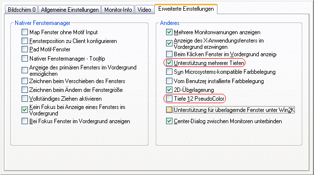 Xconfig->Display: Erweiterte Einstellungen